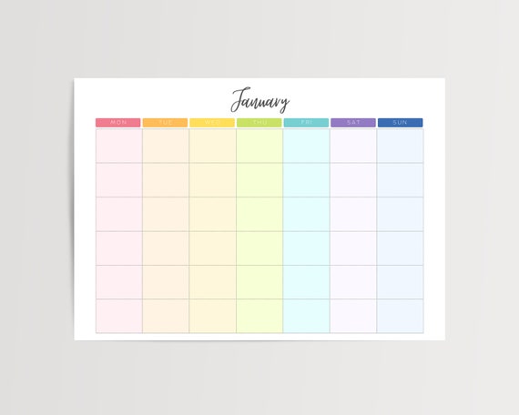 Printable Blank Undated Reusable Rainbow Monthly Calendar PDF Digital File  A4 & A3 Sizes Monday/sunday Start - Etsy