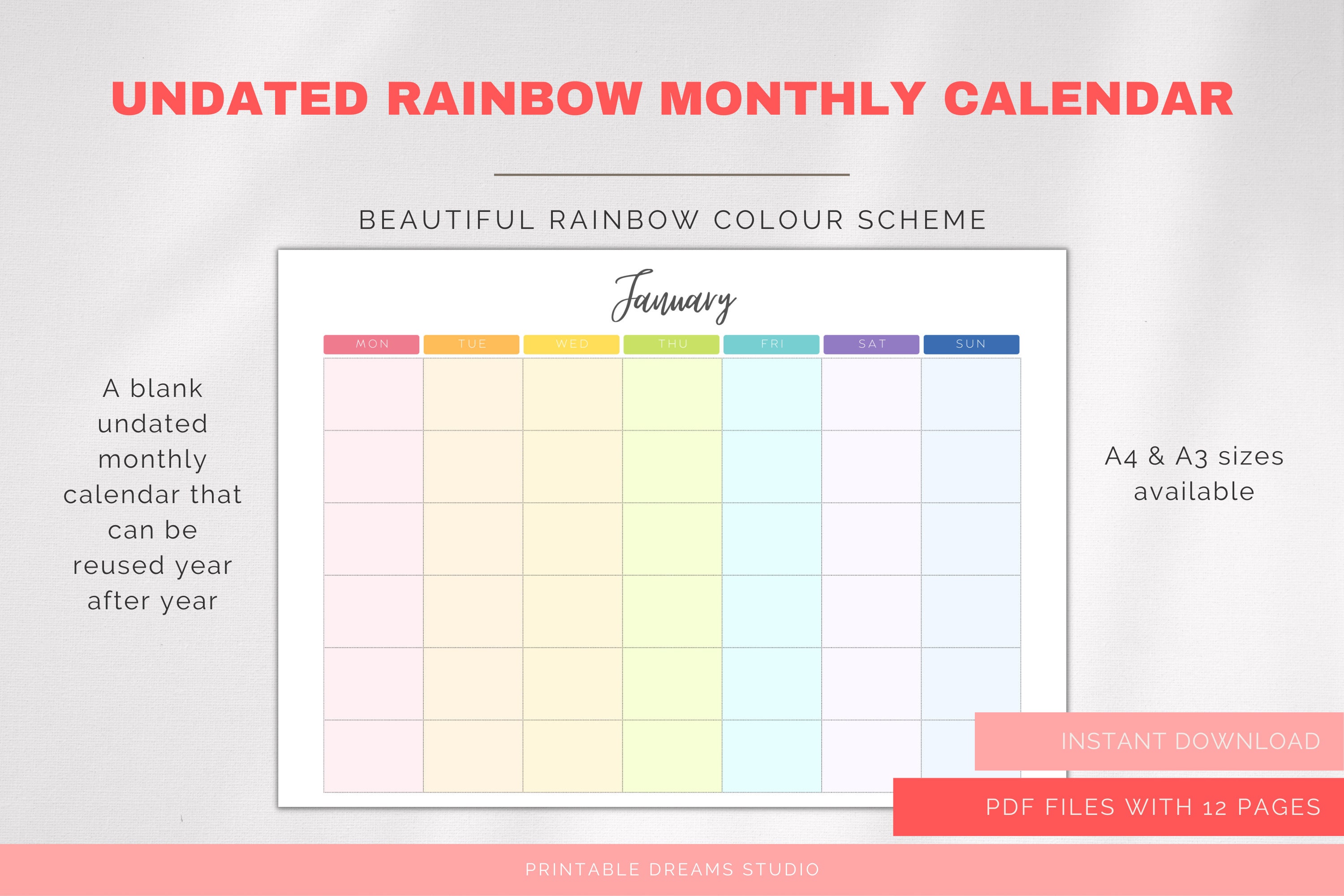 Printable Blank Undated Reusable Rainbow Monthly Calendar PDF Digital File  A4 & A3 Sizes Monday/sunday Start - Etsy