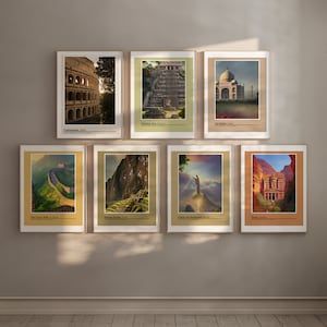 Op de afbeelding: Een collage van acht ingelijste prints met beroemde bezienswaardigheden van over de hele wereld. De prints zijn gerangschikt in twee rijen van vier, waarbij elke print een ander monument toont. De bezienswaardigheden zijn het Colosseum in Rome, Italië, Chichén Itzá in Mexico, de Taj Mahal in India, de Grote Muur van China, Machu Picchu in Peru, Christus de Verlosser in Brazilië, Petra in Jordanië en de Grote Muur van China.