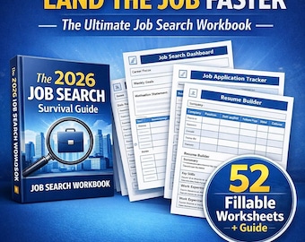 Planificador de búsqueda de empleo 2026 / Guía de CV, entrevistas y ATS (PDF imprimible y rellenable)