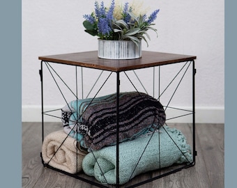 Blanket Basket Wood Storage Table Dark Wood Blankets Personalized Side Table Foldable Storage Cube End Table Minimalist Living Room Decor