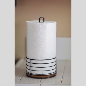 Rustic Brown Wood and Black Metal Wire Paper Towel Roll Holder Stand with Top Ring Handle