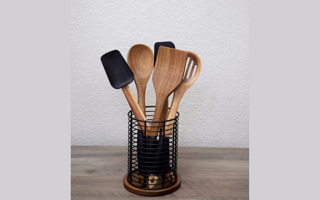 Wood and Iron Utensil Holder Rustic Kitchen Decor Etsy