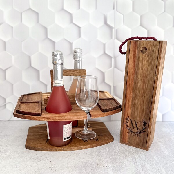 Premium Wine & Charcuterie Table Acacia Wood Portable Wine Caddy Custom Wine Gift for Wine Lovers Anniversary Gift Custom Charcuterie Table