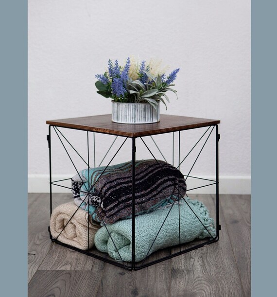 Blanket Basket Wood Storage Table Dark Wood Blankets Personalized Side Table Foldable Storage Cube End Table Minimalist Living Room Decor Etsy