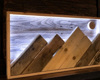 3d mountain picture with frame and usb led lighting made with upcycled pallets