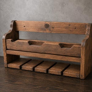 May include: A wooden wine rack with a dark brown finish. The rack has a top shelf, a middle section with two bottle holders, and a bottom shelf with four slots for glasses. The design is rustic and suitable for home decor.