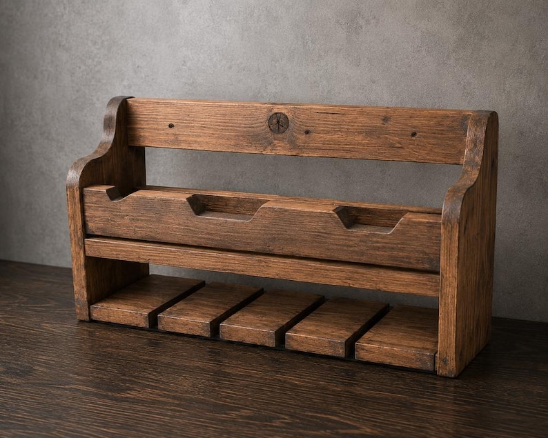 May include: A wooden wine rack with a dark brown finish. The rack has a top shelf, a middle section with two bottle holders, and a bottom shelf with four slots for glasses. The design is rustic and suitable for home decor.
