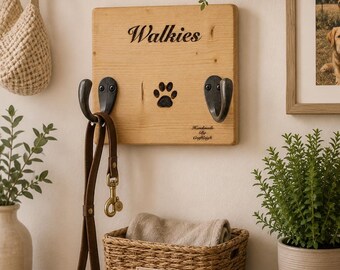 Personalised Rustic Wall Mounted Dog Lead & Harness Holder | Wooden Dog Leash Storage UK