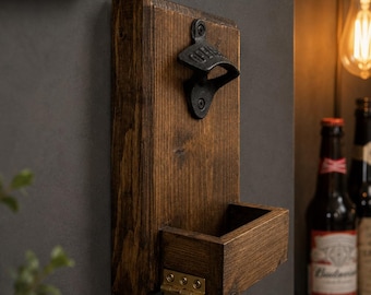 Wall Mounted Bottle Opener, Rustic Wooden Beer Opener, Handmade Home Bar Gift, Man Cave Decor