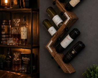 Wall Mounted Wine Rack, Rustic Wooden Bottle Holder, Handmade Bar Storage, Man Cave Decor