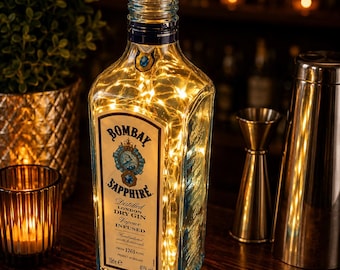 Upcycled Bombay Sapphire Gin Bottle Light, Blue Glass LED Lamp, Bar Decor, Party Gift