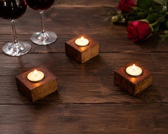 Handmade Rustic Wood Tea Light Holder Set