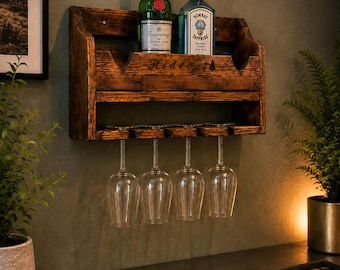 Rustic wall mounted Gin bottle and glass holder