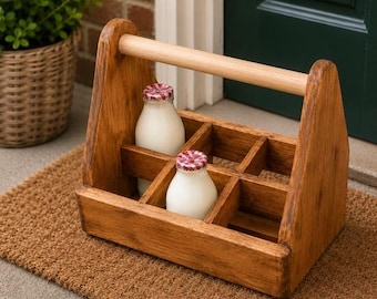Handmade Rustic Wooden Milk Bottle Caddy
