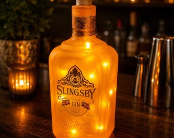 Upcycled Slingsby Marmalade Gin Bottle Light, Amber Glow LED Party Decor