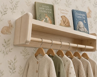 Handmade Wooden Nursery Shelf With Clothes Rail or pegs, Rustic Baby Room Storage