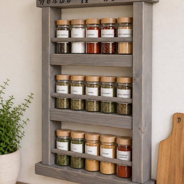 Rustic Wooden Spice Rack, Wall Mounted Herbs and Spices Shelf, Handmade Kitchen Storage, 2 3 or 4 Tier Spice Organiser