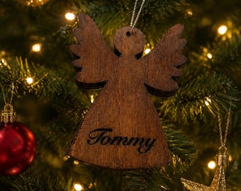 Personalised wooden Christmas angel, hanging decoration