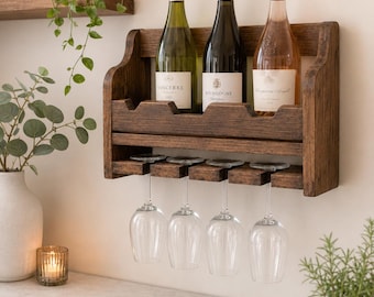 Wall Mounted Wine Glass Holder, Rustic Wooden Bottle Shelf, Home Bar Storage, Kitchen Decor