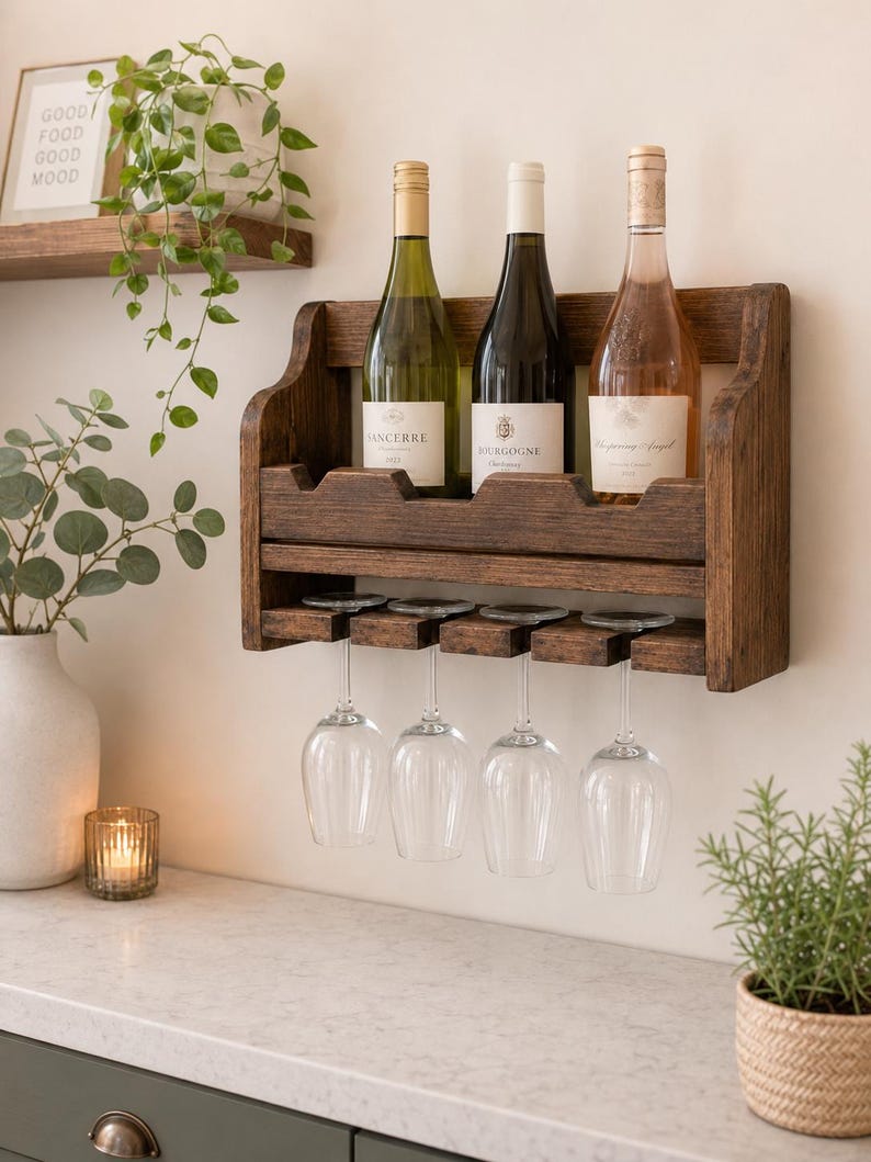 May include: A dark wood wine rack holding three wine bottles and four wine glasses. The rack is mounted on a white wall above a countertop. The bottles are labeled "Sancerre", "Bourgogne", and "The Dreaming Angel".