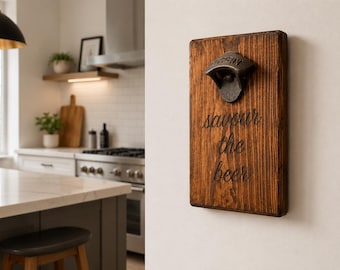 Personalised Rustic Wooden Bottle Opener, Reclaimed Timber Home Bar Gift, Man Cave Decor