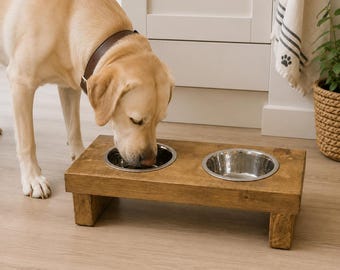Raised Dog Bowl Stand, Wooden Pet Feeding Station, Twin Bowl Holder, Personalised Rustic Feeder