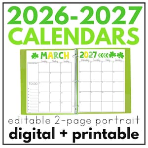Può includere: Un raccoglitore verde lime contenente un calendario di due pagine per marzo 2027. Il calendario presenta una griglia con sezioni per note importanti e liste di cose da fare, decorato con icone di trifoglio verde e il testo 2026-2027 CALENDARS.
