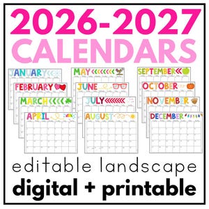 May include: A collection of colorful 2026-2027 calendars, each month with a unique design and seasonal illustrations. The calendars are labeled with the months of the year and the text "editable landscape digital + printable".
