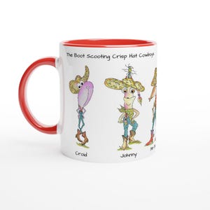 Słynni kowboje w chrupiących kapeluszach. Biały ceramiczny kubek o pojemności 11 uncji z kolorowym wnętrzem.