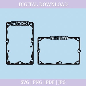 Puede incluir: Descarga digital con dos marcos negros con detalles de corazón y el texto "STRAY KIDS". Los marcos son rectangulares, uno vertical y otro horizontal, sobre un fondo azul claro. También están presentes las palabras "DESCARGA DIGITAL" y las opciones de tipo de archivo.