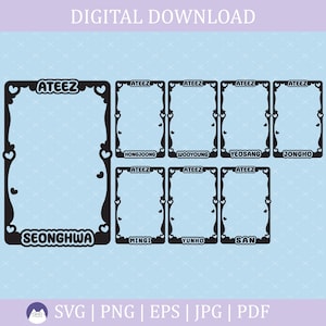 May include: A set of eight black and white printable frames with hearts and the text "ATEEZ" at the top. The frames are labeled with the names of the members of the K-pop group ATEEZ: Hongjoong, Wooyoung, Yeosang, Jongho, Seonghwa, Mingi, Yunho, and San.