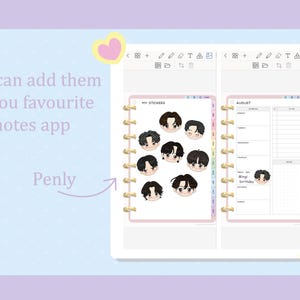 May include: A digital planner with a colorful design featuring a sticker sheet with cartoon faces and a calendar page for the month of August. The text "My Stickers" and "August" are visible on the planner pages.