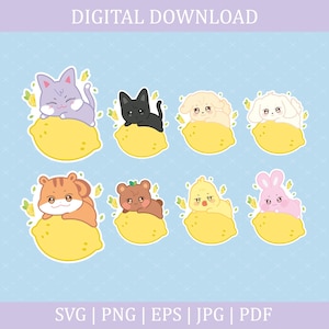Puede incluir: Gráfico de descarga digital con ocho animales de dibujos animados: un gato, un gato negro, dos perros, un hámster, un oso, un pollito y un conejo. Cada animal está sentado en un limón amarillo. Arriba está el texto "DESCARGA DIGITAL".