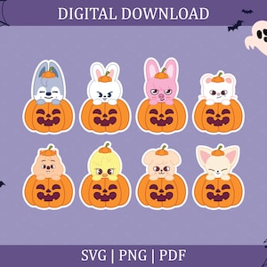May include: A digital download file featuring eight cartoon characters, each sitting inside an orange jack-o'-lantern pumpkin with a small pumpkin on its head. The characters include various animals in pastel colors. Text reads: DIGITAL DOWNLOAD, SVG | PNG | PDF.