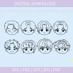 May include: Set of seven black and white cartoon illustrations of male faces with different hairstyles. The illustrations are in a simple, minimalist style.