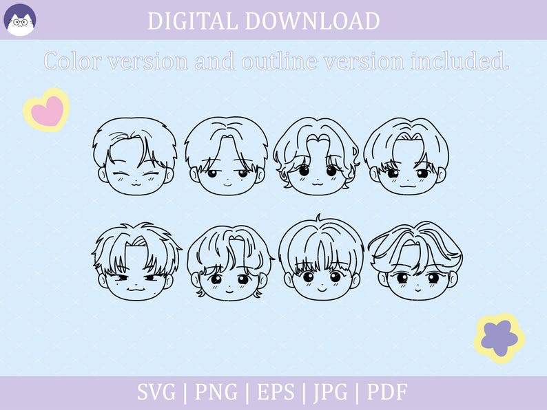 May include: Set of seven black and white cartoon illustrations of male faces with different hairstyles. The illustrations are in a simple, minimalist style.