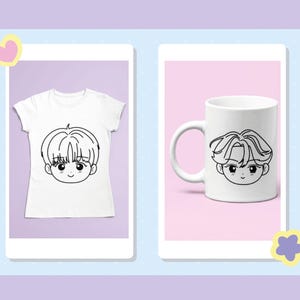 May include: A white t-shirt and a white mug with a black and white cartoon illustration of a person with short hair.