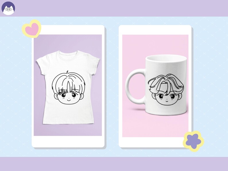 May include: A white t-shirt and a white mug with a black and white cartoon illustration of a person with short hair.