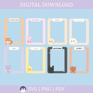 May include: A digital download set of eight rectangular photo frames in various pastel colors, each featuring a unique cartoon animal character and a name label at the top, including Hongjoong, Seonghwa, Yunho, Yeosang, San, Mingi, Wooyoung, and Jongho.