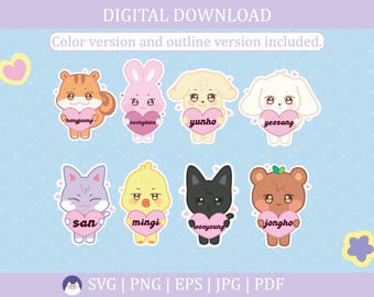 Ateez Aniteez Hearts Names Svg, Pdf, Png, Jpg, Eps | Ateez decals | Ateez Stickers | Kpop | Vector files for Cricut and Silhouette
