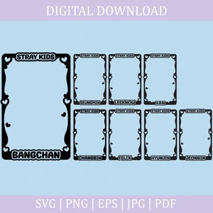 Puede incluir: Descarga digital con marcos negros con detalles de corazón y el texto "STRAY KIDS" y nombres de miembros. El diseño incluye el texto "BANGCHAN" y "DESCARGA DIGITAL". Formatos: SVG, PNG, EPS, JPG y PDF.