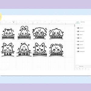 May include: Black and white illustrations of eight cartoon animal faces with names underneath each one. The names are: Hongjoong, Seonghwa, Yunho, Yeosang, San, Mingi, Wooyoung, and Jongho.