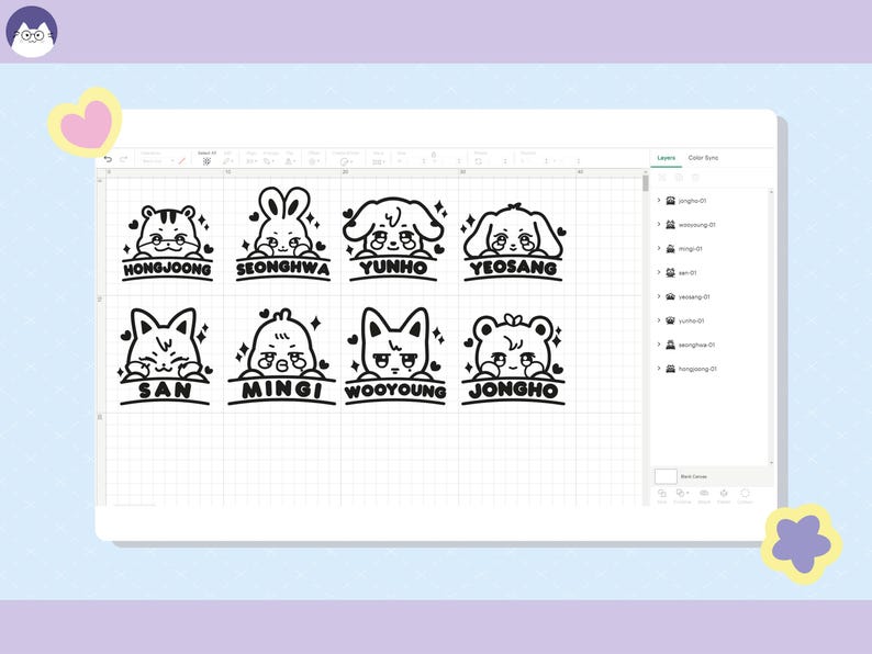 May include: Black and white illustrations of eight cartoon animal faces with names underneath each one. The names are: Hongjoong, Seonghwa, Yunho, Yeosang, San, Mingi, Wooyoung, and Jongho.