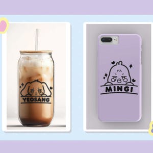 May include: Two phone cases with cartoon characters on them. The case on the left has a cartoon dog with the text "YEOSANG" and the case on the right has a cartoon bird with the text "MINGI".