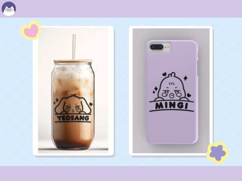 May include: Two phone cases with cartoon characters on them. The case on the left has a cartoon dog with the text "YEOSANG" and the case on the right has a cartoon bird with the text "MINGI".