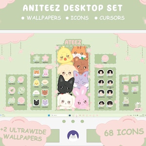 May include: Ateez desktop set with 68 icons and 2 ultrawide wallpapers. The set features a green background with pink clouds and stars. The icons are of the members of the K-pop group Ateez, each with a different animal character. The wallpapers feature the group's name and logo.