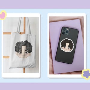 May include: Two different products featuring a cartoon illustration of a person with black hair. The first product is a white tote bag with the illustration printed on the front. The second product is a black phone case with the illustration printed on the back.