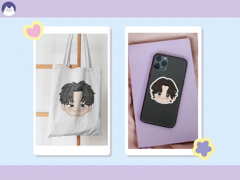 May include: Two different products featuring a cartoon illustration of a person with black hair. The first product is a white tote bag with the illustration printed on the front. The second product is a black phone case with the illustration printed on the back.