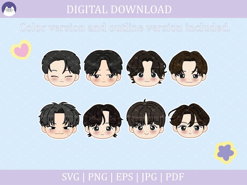 May include: Eight cartoon illustrations of male faces with black hair. The faces are in a grid of two rows and four columns. The faces are all smiling and have a light pink blush on their cheeks.